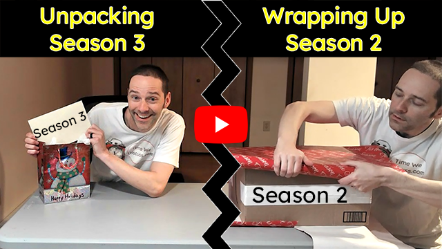 Host of Time We Discuss is wrapping a box that says 'season 2'. Out of a gift bag, he is pulling out a card that says 'season 3'.