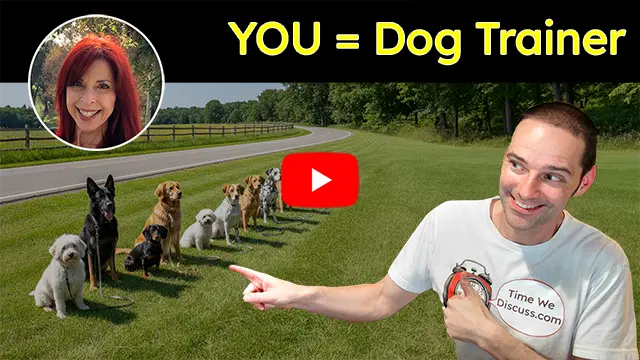 You = Dog Trainer; Host of Time We Discuss is pointing to a bunch of dogs sitting in a line outside. Picture of guest Kathleen Troy is in the top left corner.