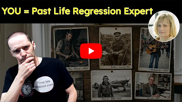 You = Past Life Regression Specialist; Host of Time We Discuss is thinking. An image of guest Laura Van Tyne is in the top right corner.
